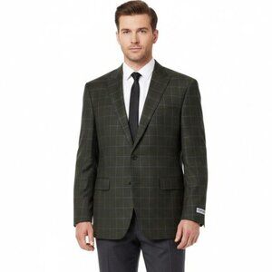 Stacy Adams Hybrid Dark Olive Green Windowpane Suit Jacket Blazer Size 62 Reg